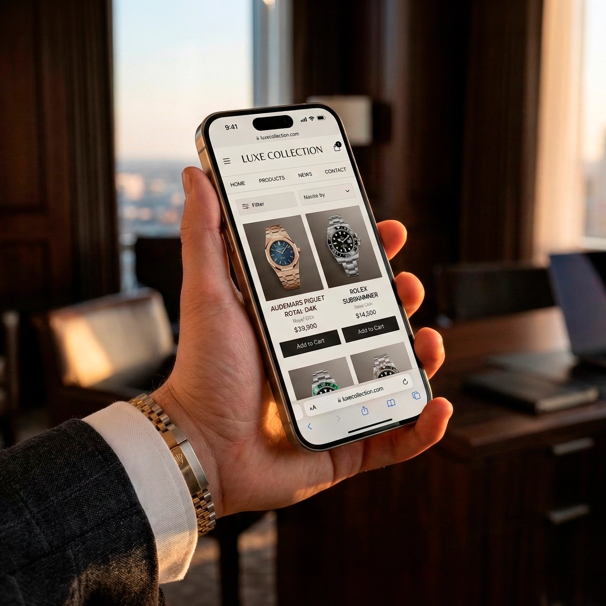 Tablet mockup on a desk beside a potted plant and stylus.